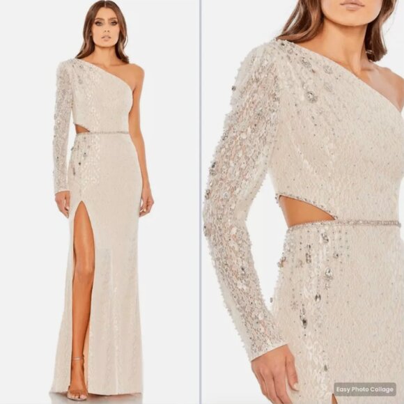 MAC DUGGAL 11306 EMBELLISHED ONE SLEEVE CUTOUT IVORY GOWN sz 6 - Picture 1 of 5